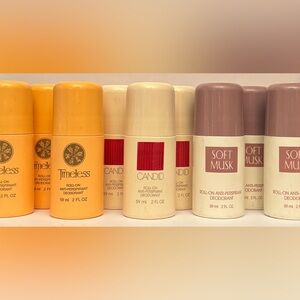 Avon twelve (12) roll-on deodorants: Soft Musk - Timeless - Candid